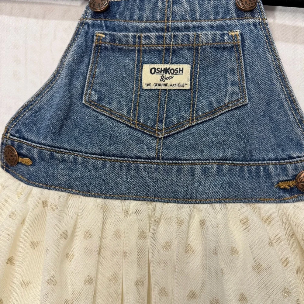 Oshkosh Girls Toddler 2T Denim Overalls Dress Cream Tulle Sparkle Hearts